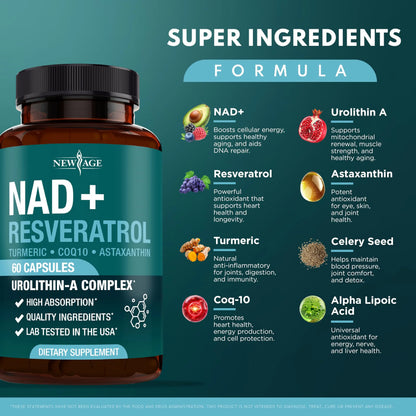 NEW AGE NAD+ Supplement Complex – NAD+ 300 mg with Astaxanthin, Urolithin A, Resveratrol, CoQ10 & Antioxidant Blend – Cellular Energy, Support or Women & Men – Vegan, Non-GMO- 120 Count NEW AGEBuy Supplements Australia
