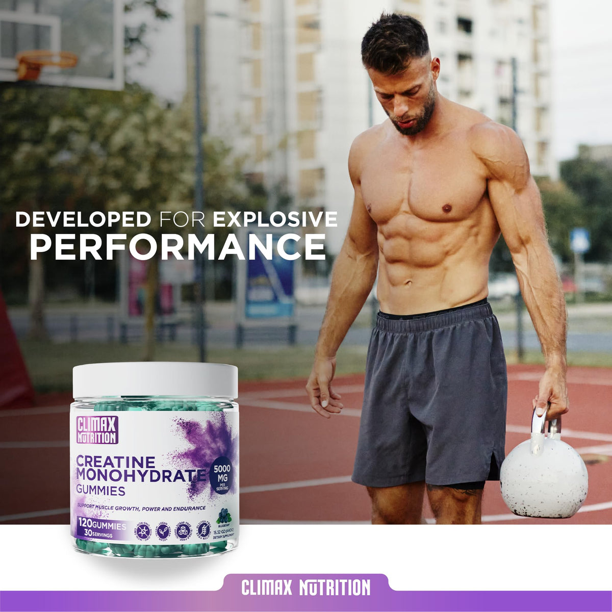 Creatine Monohydrate Gummies - Vegan, Sugar-Free, Gluten-Free - Boosts Muscle Recovery, Strength & Lean Muscle Growth - Brain Health Support - for Men & Women - Blueberry Flavor - 120 Gummies CLIMAX NUTRITIONBuy Supplements Australia