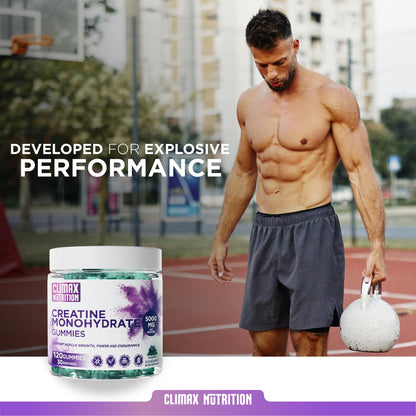 Creatine Monohydrate Gummies - Vegan, Sugar-Free, Gluten-Free - Boosts Muscle Recovery, Strength & Lean Muscle Growth - Brain Health Support - for Men & Women - Blueberry Flavor - 120 Gummies CLIMAX NUTRITIONBuy Supplements Australia