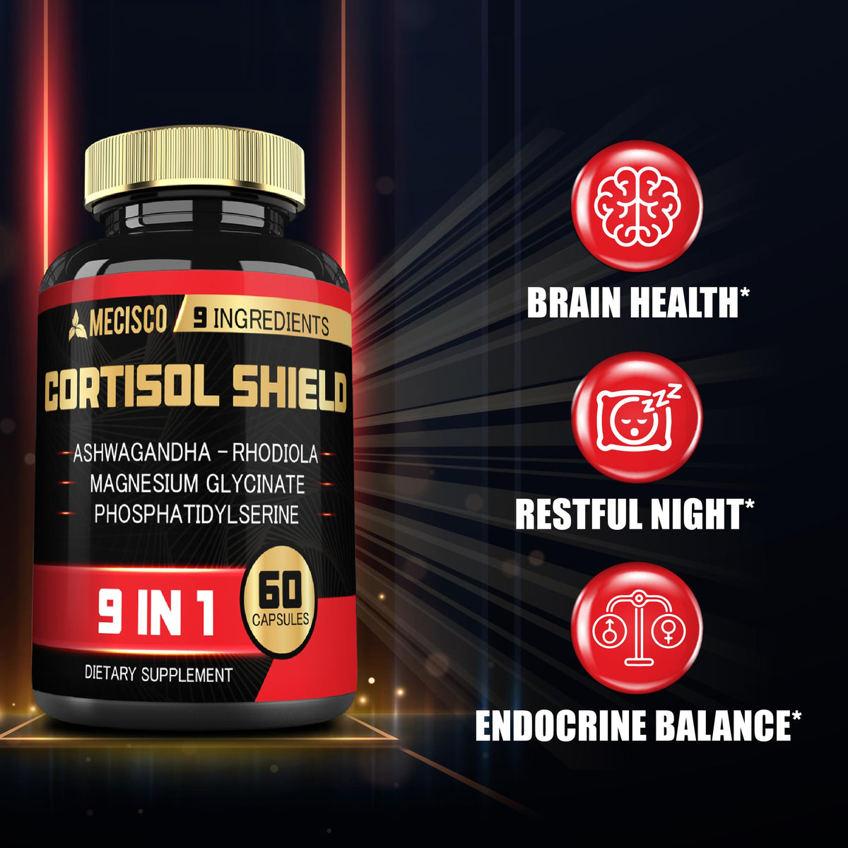 9in1 Cortisol Shield - Ashwagandha & Magnesium Glycinate, Rhodiola, Phosphatidylserine, L-Theanine, Licorice Root, St. John's Wort, Lions Mane - Mind & Mood, Restful Night Support - 60 Capsules MeciscoBuy Supplements Australia