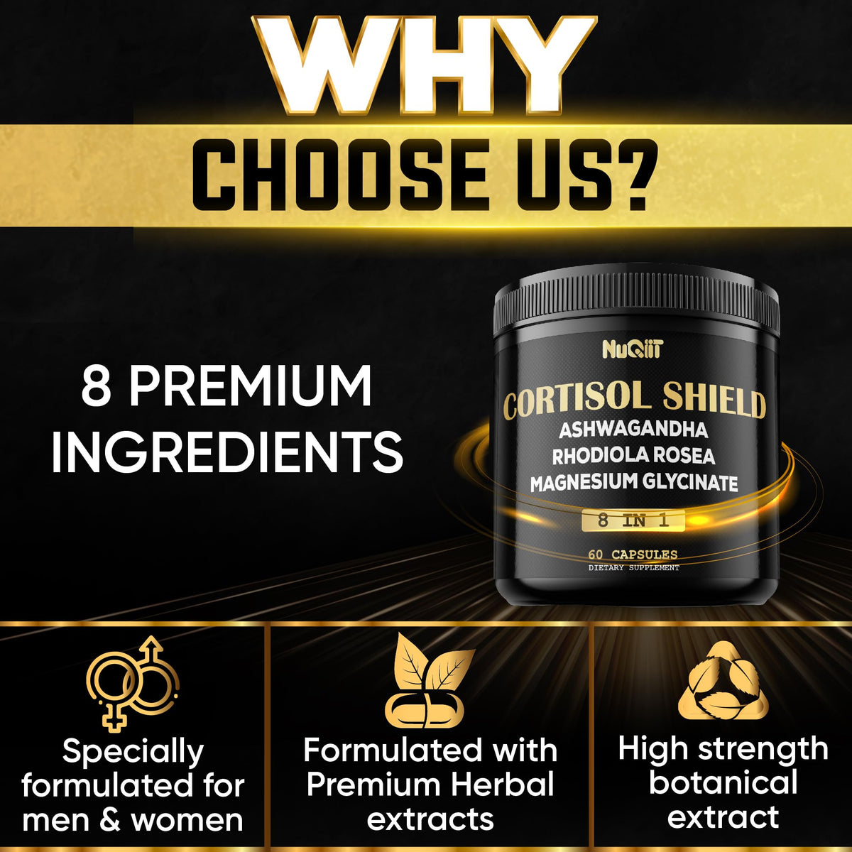 8in1 Cortisol Shield - Ashwagandha and Magnesium, Rhodiola Rosea, Lions Mane, Sea Moss, Turmeric, St Jonh's Wort - Mind& Mood Balance, Rest Well, Support Immume - 60 Capsules NUQIITBuy Supplements Australia