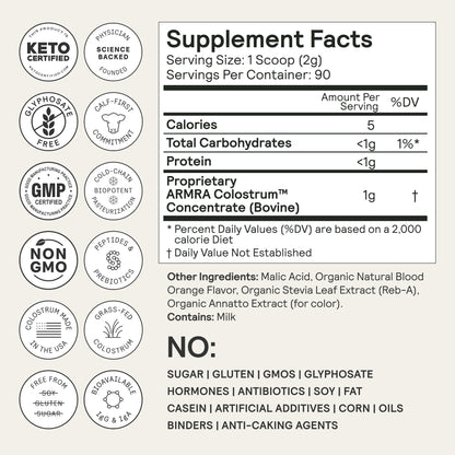 ARMRA Colostrum Powder | Blood Orange | Gut Health & Bloating | Skin & Hair | Immunity | Keto, Gluten & Fat-Free | 90 Servings ARMRABuy Supplements Australia