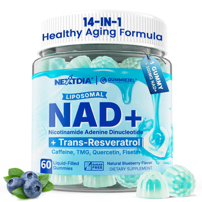 Supplement container labeled 'Liposomal NAD+' with blue gummies on a white background