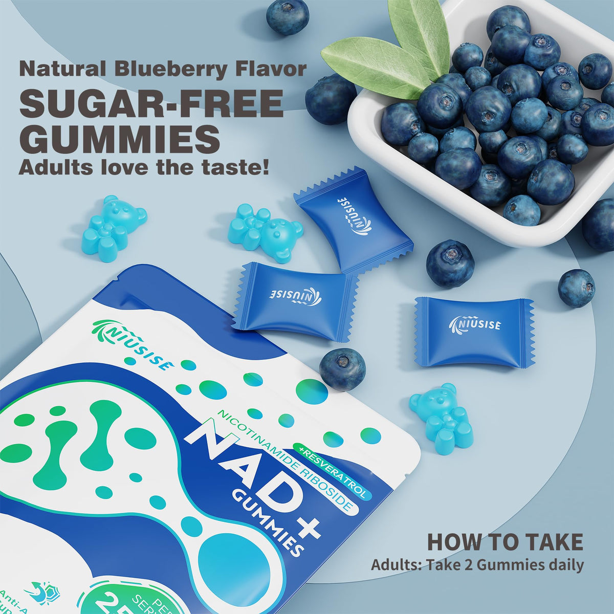 NIUSISE NAD Gummies Sugar Free, NAD+ Supplement with Liposomal Nicotinamide Riboside, Resveratrol, Quercetin, NAD Supplement for Anti-Aging, Energy, Cellular Health, Blueberry Flavor, 60 Gummies NIUSISEBuy Supplements Australia