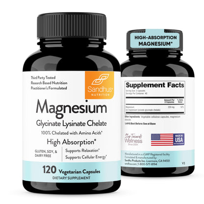 Sandhu's Magnesium Glycinate Lysinate | 120 Easy to Swallow Chelated Vegan Capsules | Magnesium Lysine Chelate Supplement for High Absorption | for Best Sleep, Leg Cramps, Relaxation Sandhu'sBuy Supplements Australia