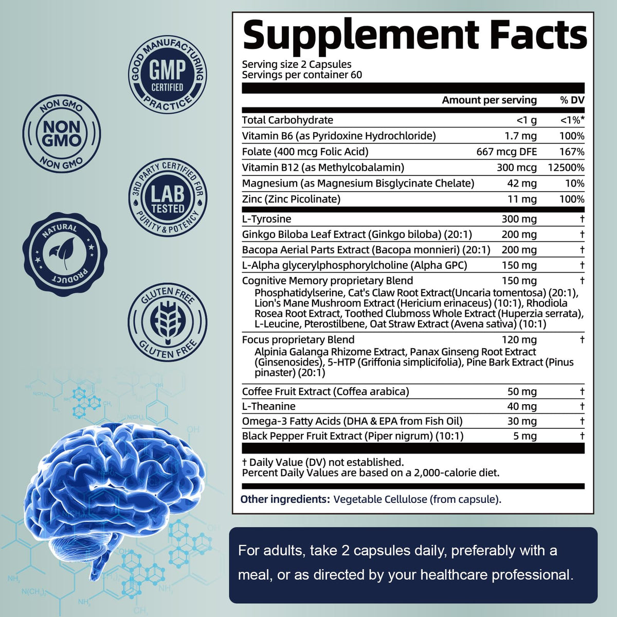 Totaria C-ognitive with Caffeine Pills, L-Tyrosine, Alpha GPC, Ginkgo Biloba, Bacopa Monnieri Brain Supplement for Memory and Focus, Brain Nootropic Support - Non-GMO, Gluten Free (2 Packs) TotariaBuy Supplements Australia