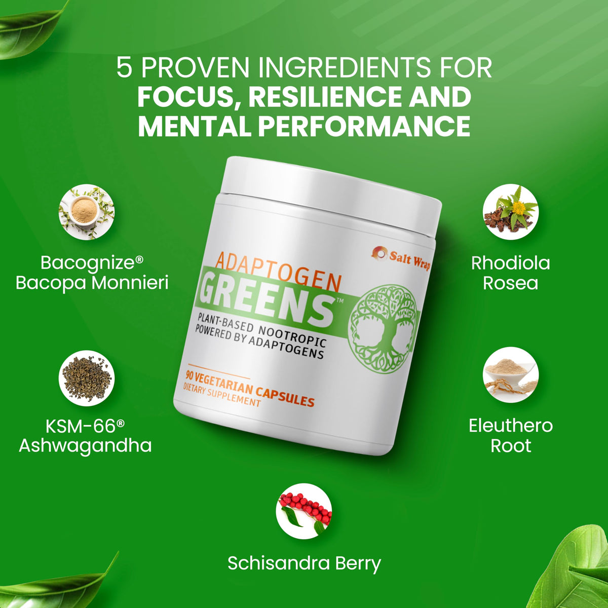 SaltWrap Adaptogen Greens - Mind-Body Resilience Formula - Caffeine-Free Nootropic for Stress, Focus, and Cognitive Performance - 90 Capsules SaltWrapBuy Supplements Australia
