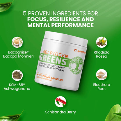 SaltWrap Adaptogen Greens - Mind-Body Resilience Formula - Caffeine-Free Nootropic for Stress, Focus, and Cognitive Performance - 90 Capsules SaltWrapBuy Supplements Australia