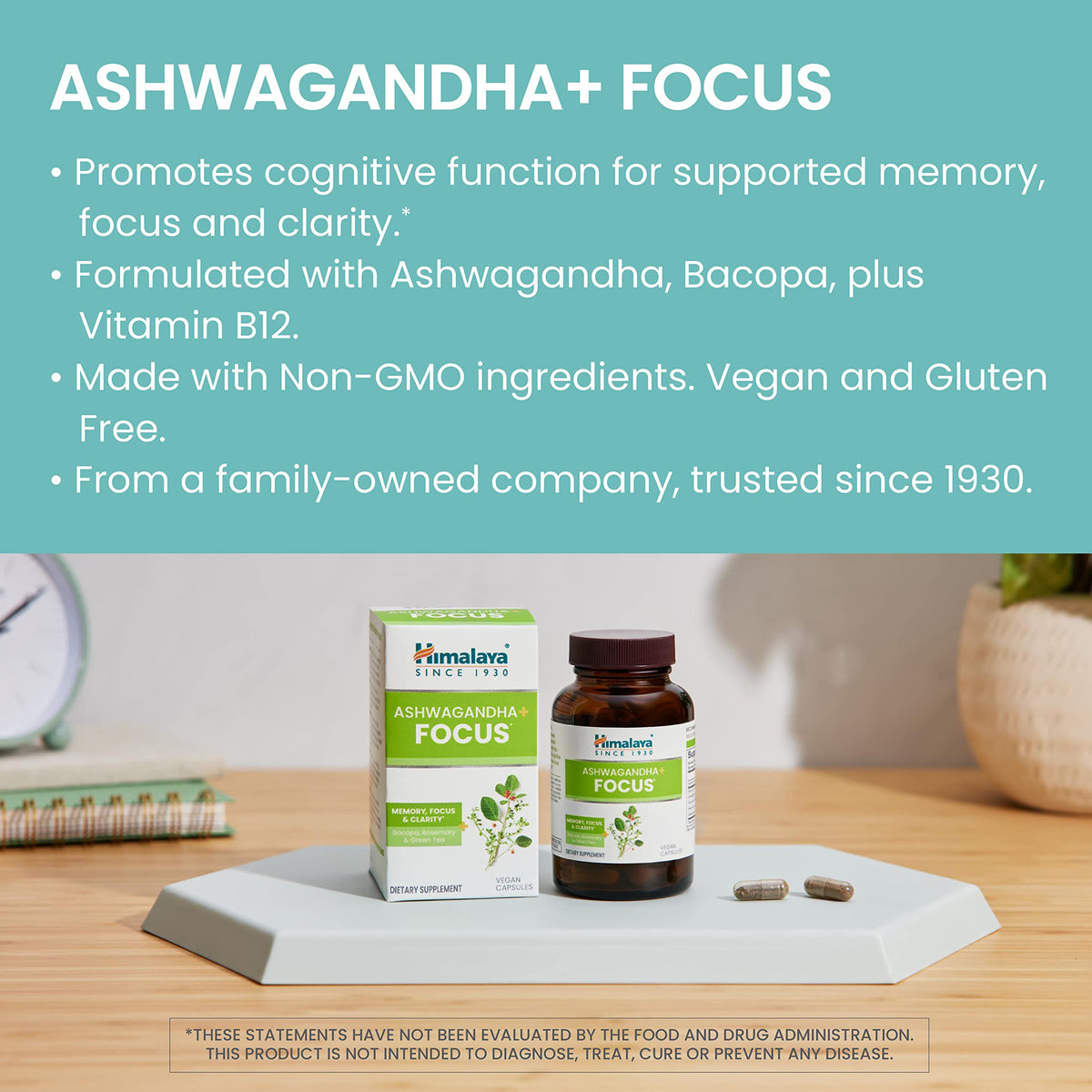 Himalaya Ashwagandha+ Focus - Herbal Focus Supplement with B12, Rosemary, Green Tea, and Bacopa Nootropics for Memory and Clarity - Vegan, Non-GMO, Gluten Free, 1690 mg, 60 Caplets HimalayaBuy Supplements Australia