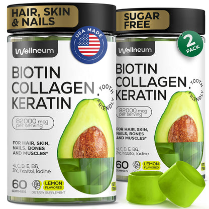 Biotin for Hair Growth Women/Men 12000mcg, Skin & Nails Support Gummies + 70000mcg Collagen Peptides (Collagen Powder in Gummy Form) + 20000mcg Keratin + Retinol, Sugar Free, 120 Gummies (2 Pack) Wellneum buy supplements Au
