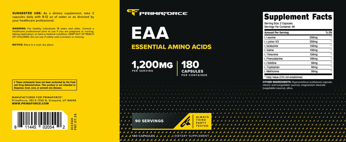 Primaforce EAA Capsules 1200mg, 180 Capsules, 90 Servings - Essential Amino Acids - Non-GMO, Gluten Free & Vegitarian Friendly PrimaforceBuy Supplements Australia