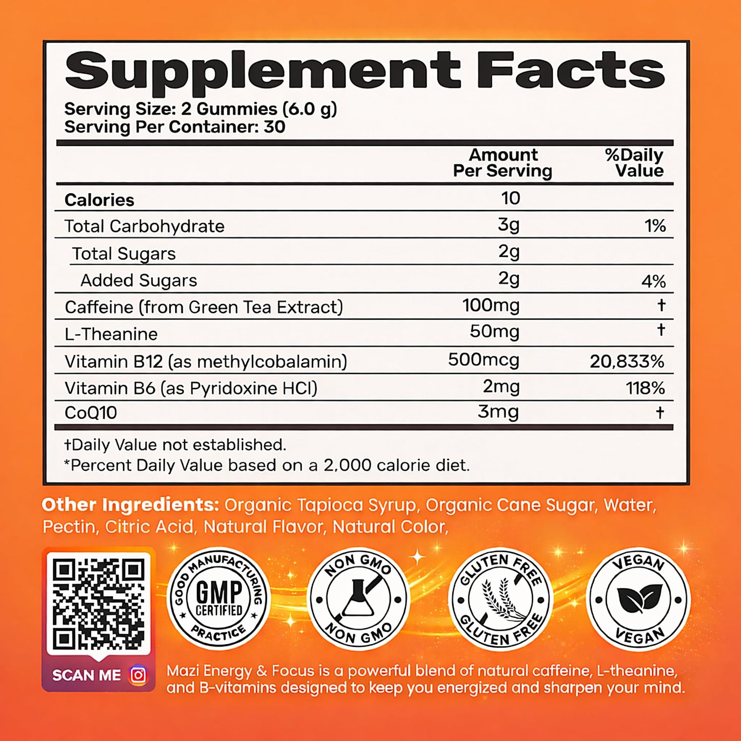 Energy & Focus Gummies | 100mg Natural Caffeine + L-Theanine + Vitamin B6 & B12 + CoQ10 | Nootropic Cognitive Brain Performance Supplement | No Crash or Jitters MAZIBuy Supplements Australia