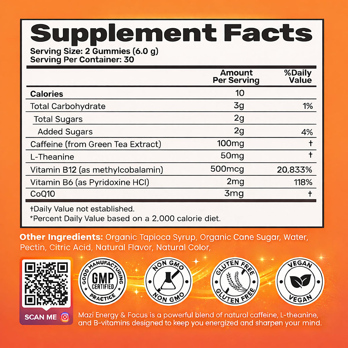 Energy & Focus Gummies | 100mg Natural Caffeine + L-Theanine + Vitamin B6 & B12 + CoQ10 | Nootropic Cognitive Brain Performance Supplement | No Crash or Jitters MAZIBuy Supplements Australia