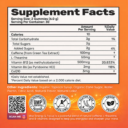 Energy & Focus Gummies | 100mg Natural Caffeine + L-Theanine + Vitamin B6 & B12 + CoQ10 | Nootropic Cognitive Brain Performance Supplement | No Crash or Jitters MAZIBuy Supplements Australia