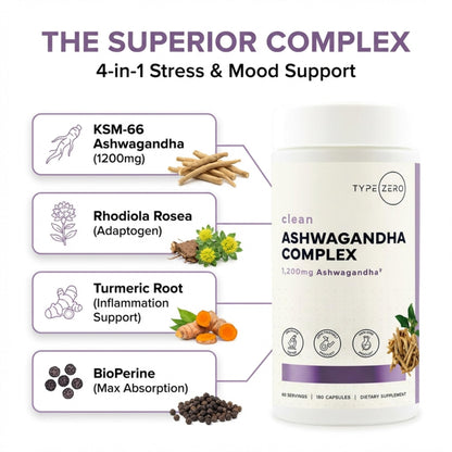 Type Zero KSM-66 Ashwagandha Root Extract 1,200mg, 60 Servings - High Potency 5% Withanolides - with Turmeric, Rhodiola Rosea and BioPerine Black Pepper Extract - 180 Veggie Caps Type ZeroBuy Supplements Australia
