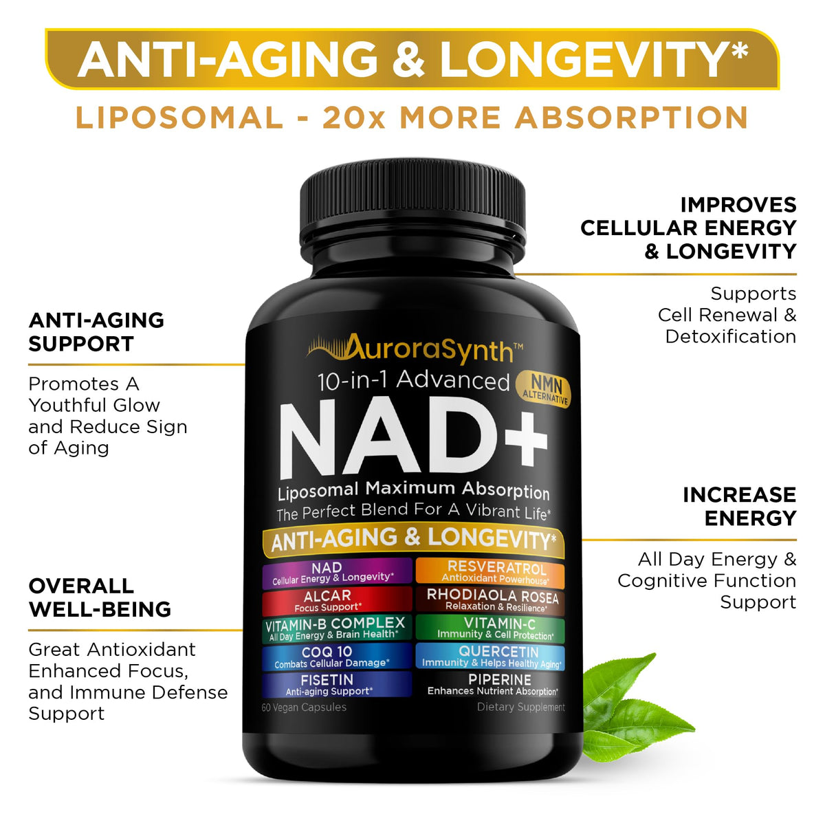 NAD+ Supplement Liposomal Capsules - Max Absorption for Cellular Energy, Healthy Aging, Brain Function & DNA Health - Vegan, Non-GMO, Gluten-Free Supplement - 60 Capsules - Supports NAD Levels AuroraSynthBuy Supplements Australia