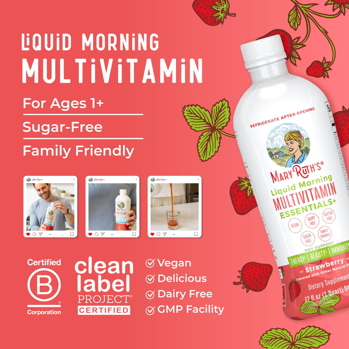 MaryRuth's Liquid Morning Multivitamin Essentials+ | Vitamin A C D E B6 B12 K2 Biotin Zinc | Mens Womens Multivitamin | Immune Support | Beauty | Sugar Free | Vitamins for Ages 1+ | Vegan | 32 Fl Oz MARYRUTH'SBuy Supplements Australia