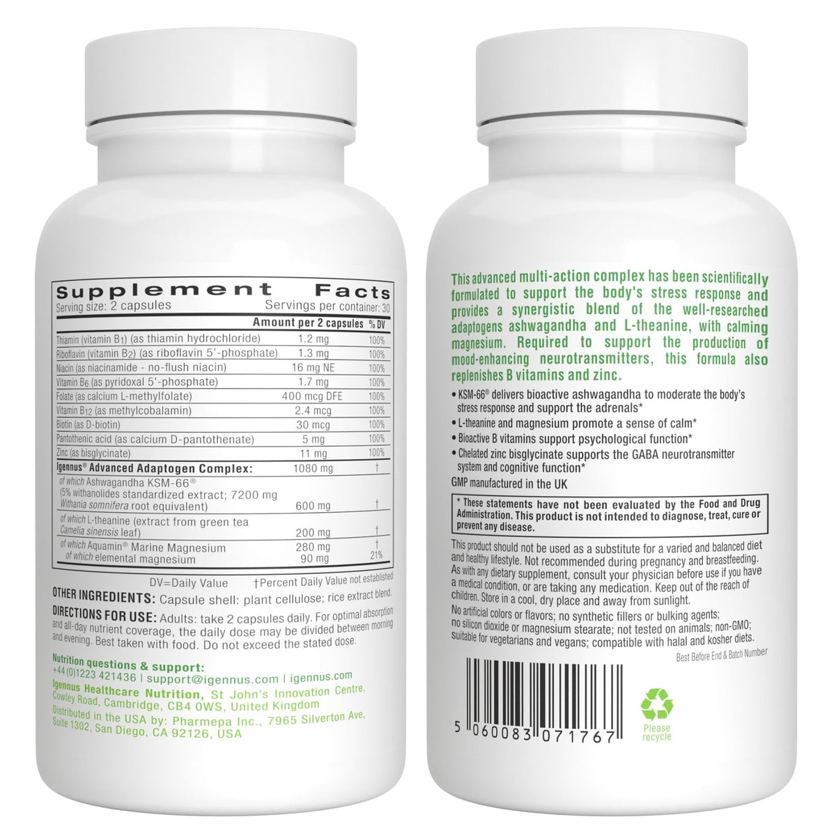 Igennus High Strength Ashwagandha, Magnesium, & L-Theanine Stress Relief Complex, KSM-66 Root Extract Adaptogens, Boosted with Methylfolate, Zinc & Biotin Clean Label, 60 Fast Acting Capsules Igennus Healthcare NutritionBuy Supplements Australia