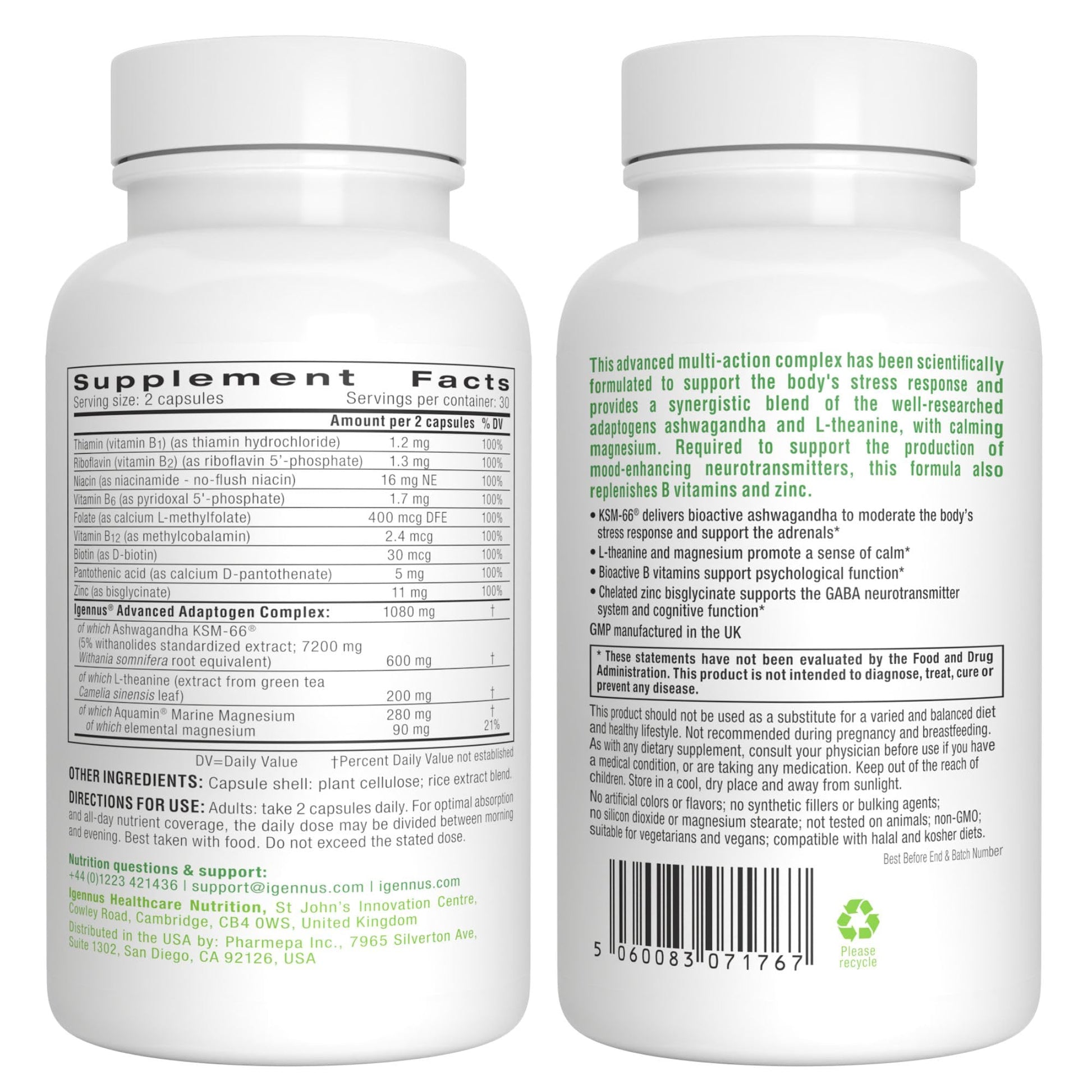 Igennus High Strength Ashwagandha, Magnesium, & L-Theanine Stress Relief Complex, KSM-66 Root Extract Adaptogens, Boosted with Methylfolate, Zinc & Biotin Clean Label, 60 Fast Acting Capsules Igennus Healthcare NutritionBuy Supplements Australia