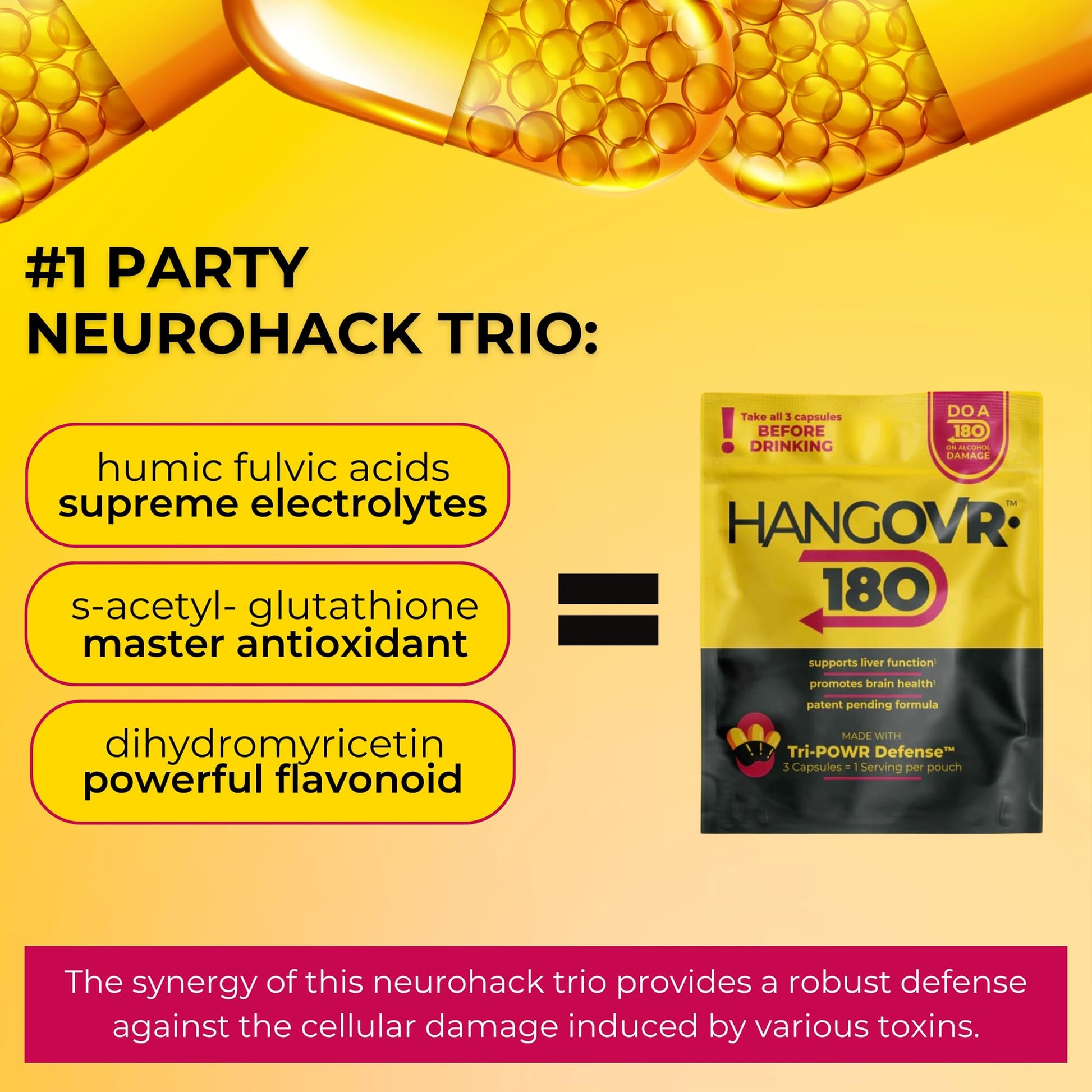 Hangovr 180 Tri-Power Before Drinking Defense 8 Pack - Support Liver & Brain Health, Feel Fresher & Better Energy - - Take Before Drinking for Relief, 3 Capsules per Pouch HANGOVR-180Buy Supplements Australia