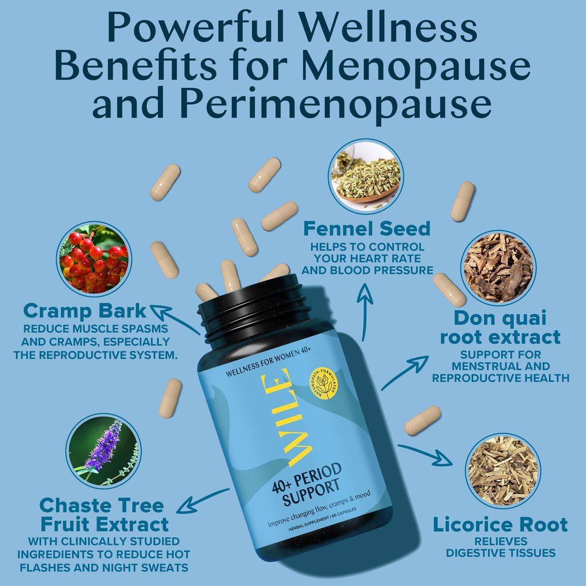 WILE Menopause and Perimenopause Supplements for Women - Menstrual Cramp, PMS and Heavy Period Relief with Dong Quai - Premenopausal Support for Hormone Balance & Improved Mood, Vegan, 30 Servings WILEBuy Supplements Australia