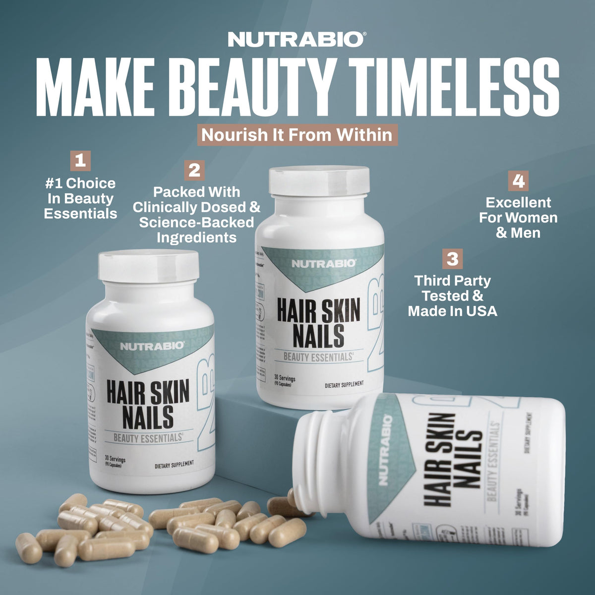NutraBio Hair Skin Nails Vitamins | Enhanced Collagen Support | Skin Hydration | Hair Growth Vitamins for Women with Biotin, Keratin, Hyaluronic Acid & More - 90 Capsules NutraBioBuy Supplements Australia