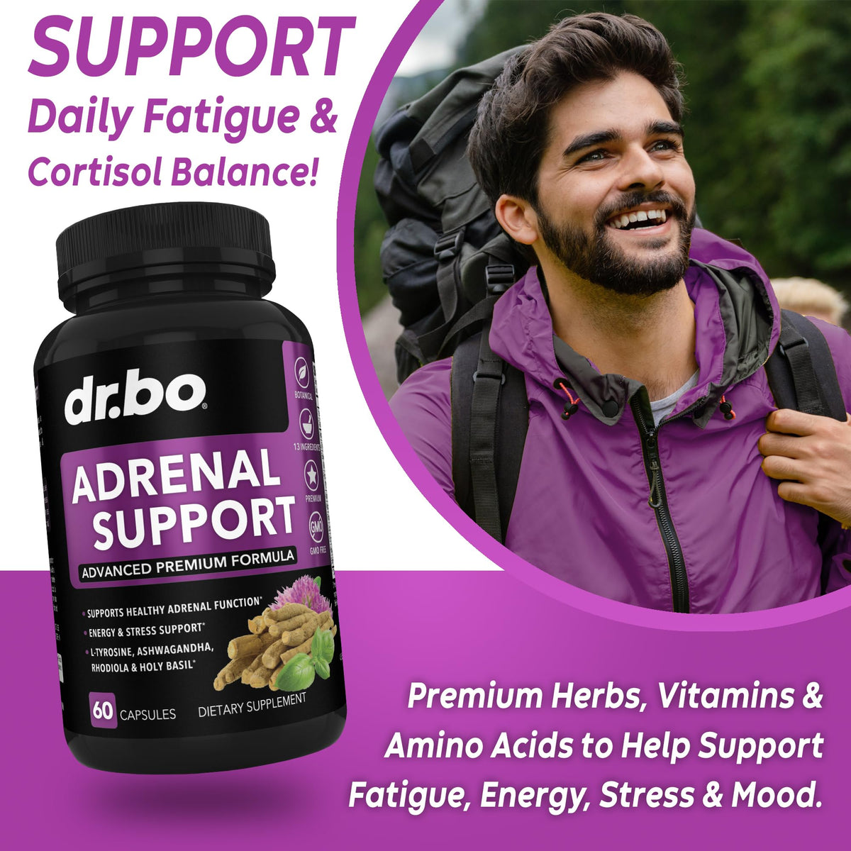 Adrenal Support Cortisol Manager Supplement - Adrenal Fatigue Supplements for Women & Men with Natural Adaptogen Ashwagandha Holy Basil Rhodiola L Tyrosine Complex Fatigue Cortisol Health - 60 Pills DR. BOBuy Supplements Australia