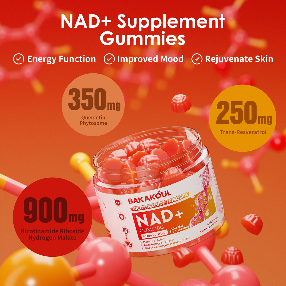 BAKAKOUL NAD Gummies, NAD Supplement - Liposomal Nicotinamide Riboside, Resveratrol, Quercetin, NAD Nicotinamide Riboside Resveratrol 900mg, NAD+ Supplement for Men and Women, 60 Gummies 1 Pack BAKAKOULBuy Supplements Australia