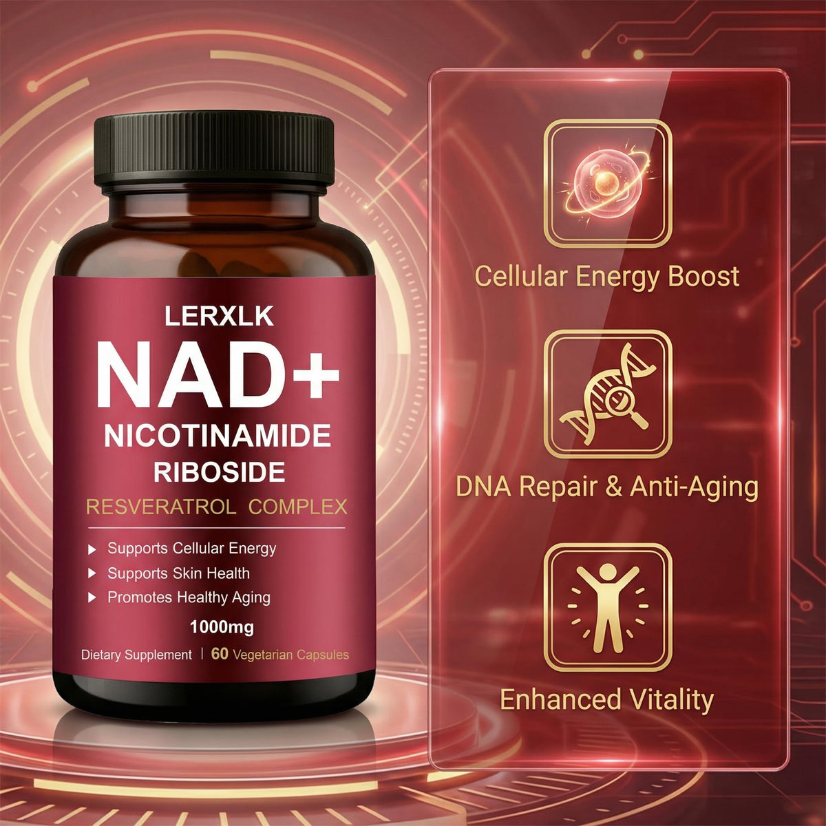 LERXLK NAD+ Supplement 1000mg – Liposomal Nicotinamide Riboside with Resveratrol, Advanced Cellular Energy & Healthy Aging Support, 60 Vegetarian Capsules LERXLKBuy Supplements Australia