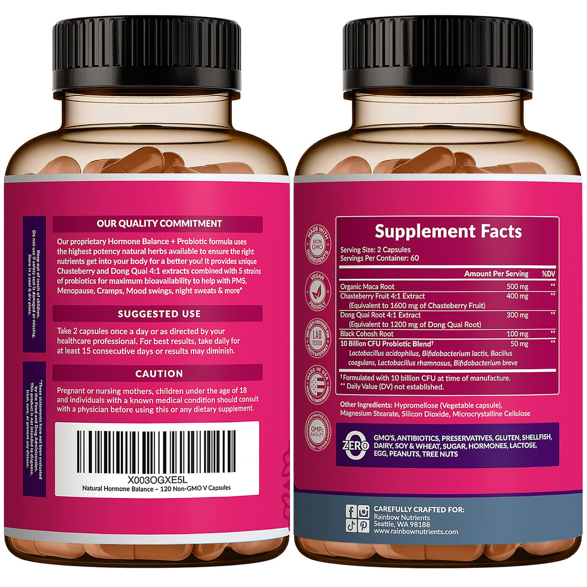 Hormone Balance + Probiotics for Women- Natural Menopause Relief, Weight Management, Bloating, Hot Flashes, PMS | Organic Maca, Chasteberry, Dong Quai & Black Cohosh | Non GMO |120 V Capsules Rainbow Nutrients, LLCBuy Supplements Australia