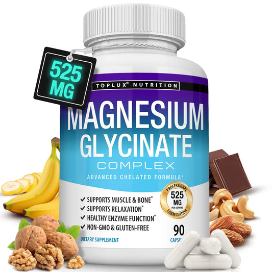 Magnesium Glycinate 525mg - High Absorption Chelated Magnesium Supplement Made with Pure Magnesium Glycinate - Supports Muscles, Sleep, Cramps, Recovery Bisglycinate Toplux canada supplements