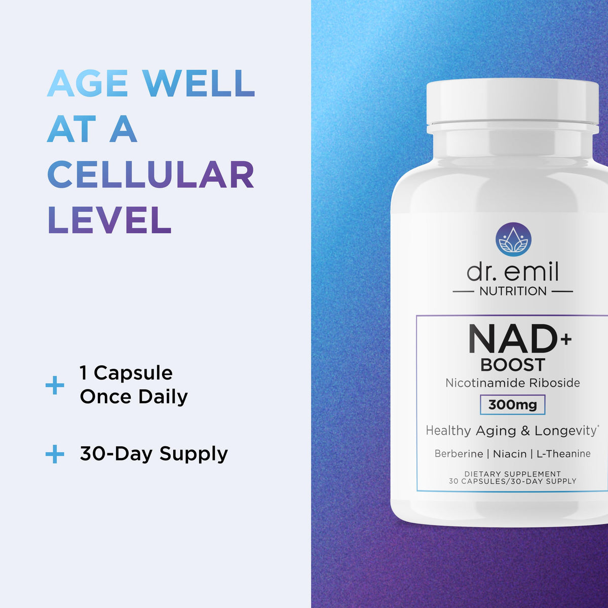 DR. EMIL NUTRITION NAD+ Boost - Nicotinamide Riboside Supplement for Longevity, Healthy Aging & Cellular Regeneration - NAD Supplement with with Berberine, L-Theanine & Niacin - 30-Day Supply DR. EMIL NUTRITIONBuy Supplements Australia