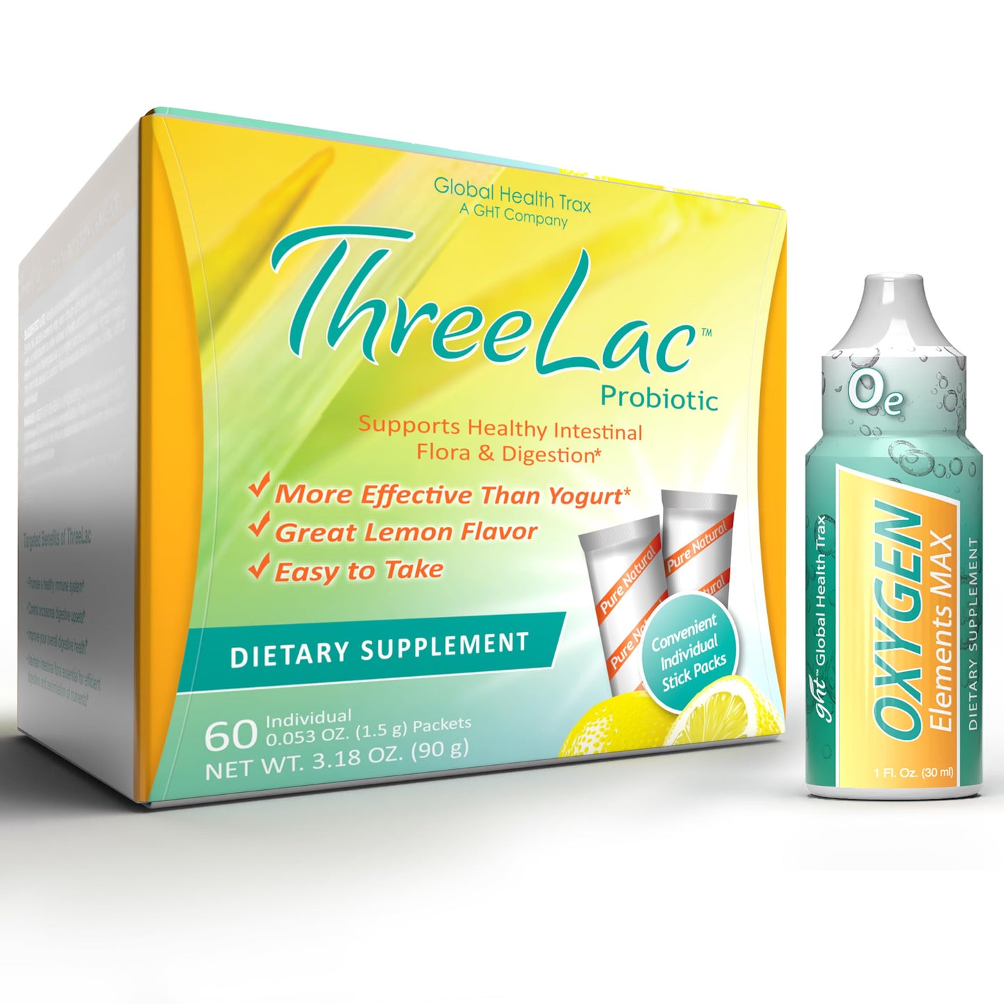 Global Health Trax Ultimate Gut & Oxygen Duo: ThreeLac Lemon Probiotic Powder (60 Packets) & Oxygen Elements Max Drops (1oz) - Digestive Support & Cellular Vitality ght Global Health TraxBuy Supplements Australia