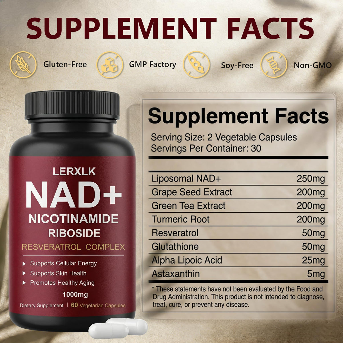 LERXLK NAD+ Supplement 1000mg – Liposomal Nicotinamide Riboside with Resveratrol, Advanced Cellular Energy & Healthy Aging Support, 60 Vegetarian Capsules LERXLKBuy Supplements Australia