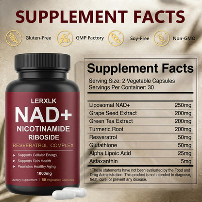 LERXLK NAD+ Supplement 1000mg – Liposomal Nicotinamide Riboside with Resveratrol, Advanced Cellular Energy & Healthy Aging Support, 60 Vegetarian Capsules LERXLKBuy Supplements Australia