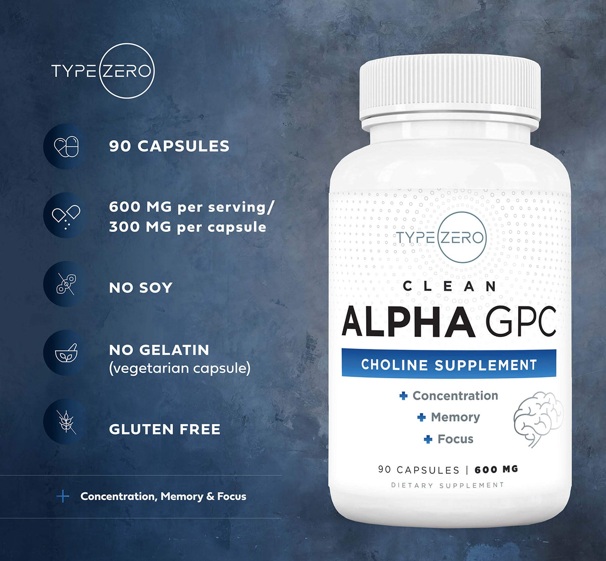 Type Zero Ultra Clean Alpha GPC Choline Supplement (600mg | 90 Capsules) Soy Free, Non-GMO Nootropics Alpha GPC 600mg / 300mg; Alpha-GPC Brain Memory and Focus Supplements Type ZeroBuy Supplements Australia