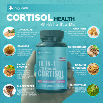 Cortisol Complex 16-in-1 Supplement for Women & Men | Stress Support Manager with Organic Ashwagandha, Maca Root, Rhodiola Rosea & Shilajit | Adaptogen Blend for Balance & Energy | 120 Capsules MagHealthBuy Supplements Australia