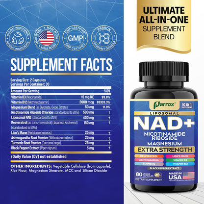 Parrox NAD+ Supplement with Liposomal NAD+, Nicotinamide Riboside, Magnesium, Vitamin B3 & B12, Resveratrol, Turmeric, Ashwagandha, Lion’s Mane,10-in-1 Extra Strength ParroxBuy Supplements Australia