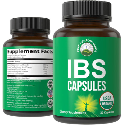 USDA Organic IBS Capsules for Relief, Ingestion, Bloating, Gas. Irritable Bowel Supplement with 5 Handpicked Organic Ingredients. Peppermint Oil, Sea Buckthorn, Fennel Seed, Rosemary Leaf, Basil Leaf Peak PerformanceBuy Supplements Australia