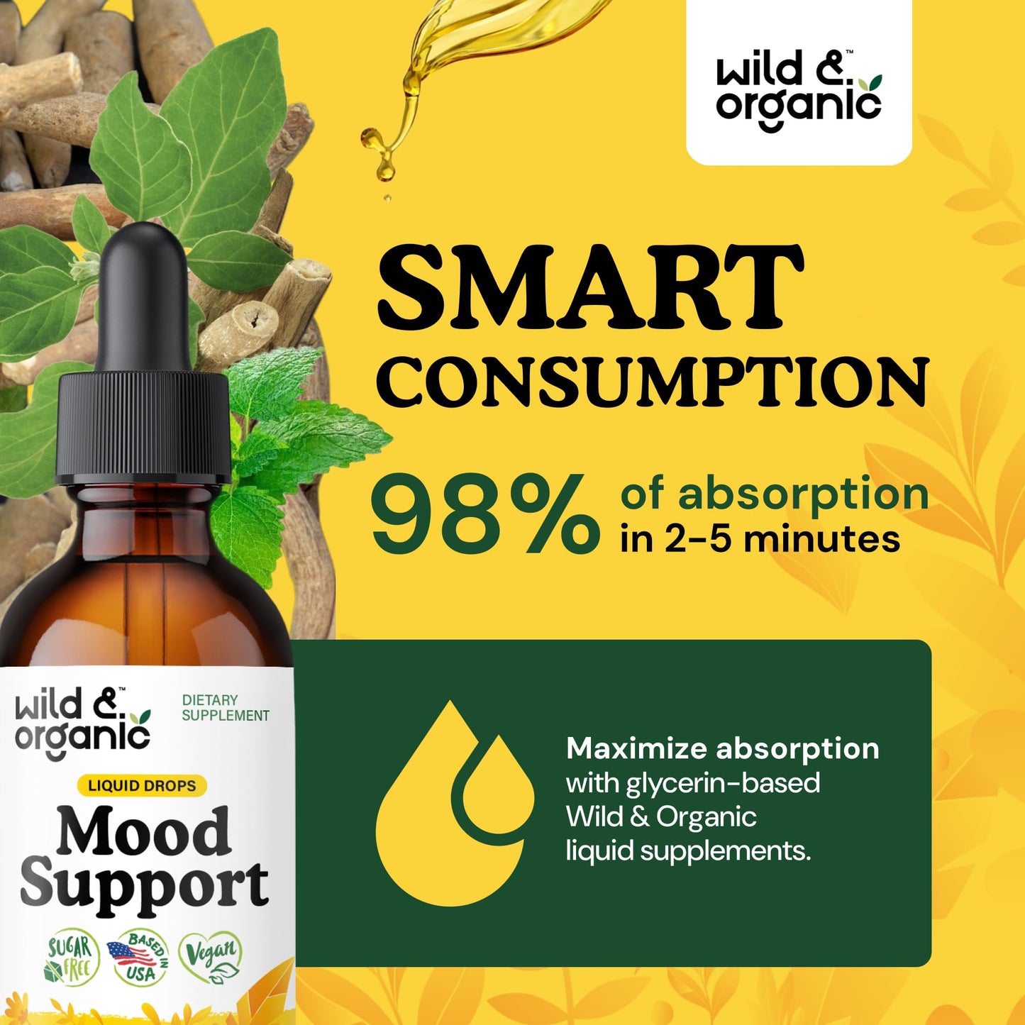 Wild & Organic Mood Support Drops - Good Mood Supplements w/Ashwagandha Root & Rhodiola Rosea - Natural Liquid Drops for Positive Energy - Calm and Relax Supplements for Women and Men - 2 oz Wild & Organic buy supplements Au