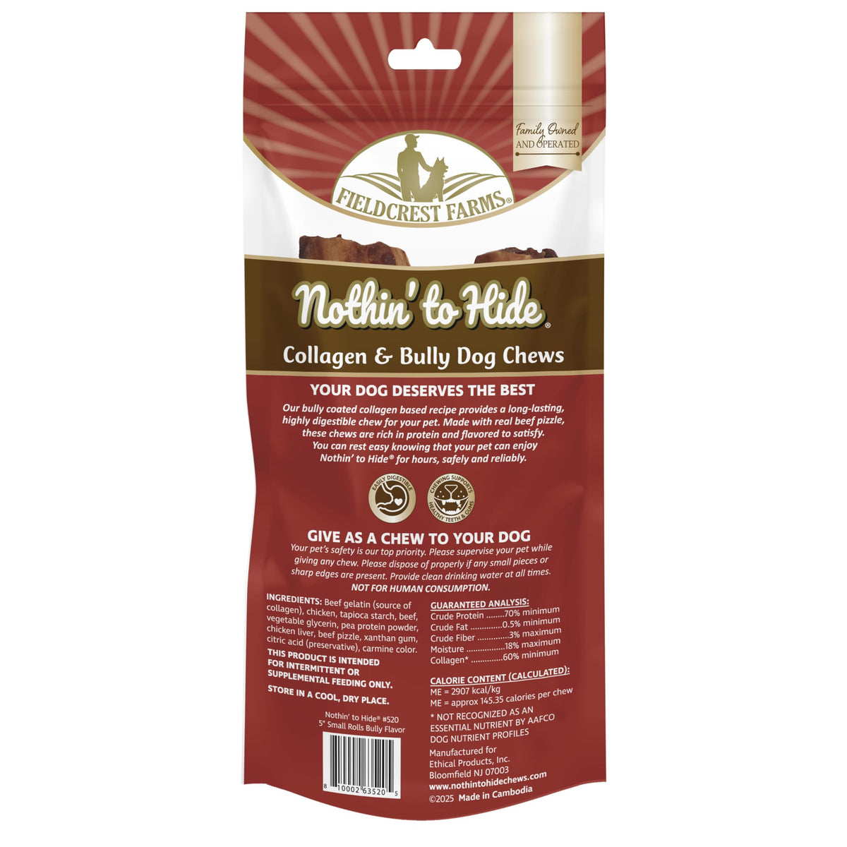 Fieldcrest Farms Nothin’ to Hide Collagen & Bully Small Rolls, 5 Inch, Beef Bully Flavor, Highly Digestible Chews That Support Skin, Coat, Joints & Muscles, for Moderate Chewers Under 25 Lbs, 2 Pack Fieldcrest FarmsBuy Supplements Australia