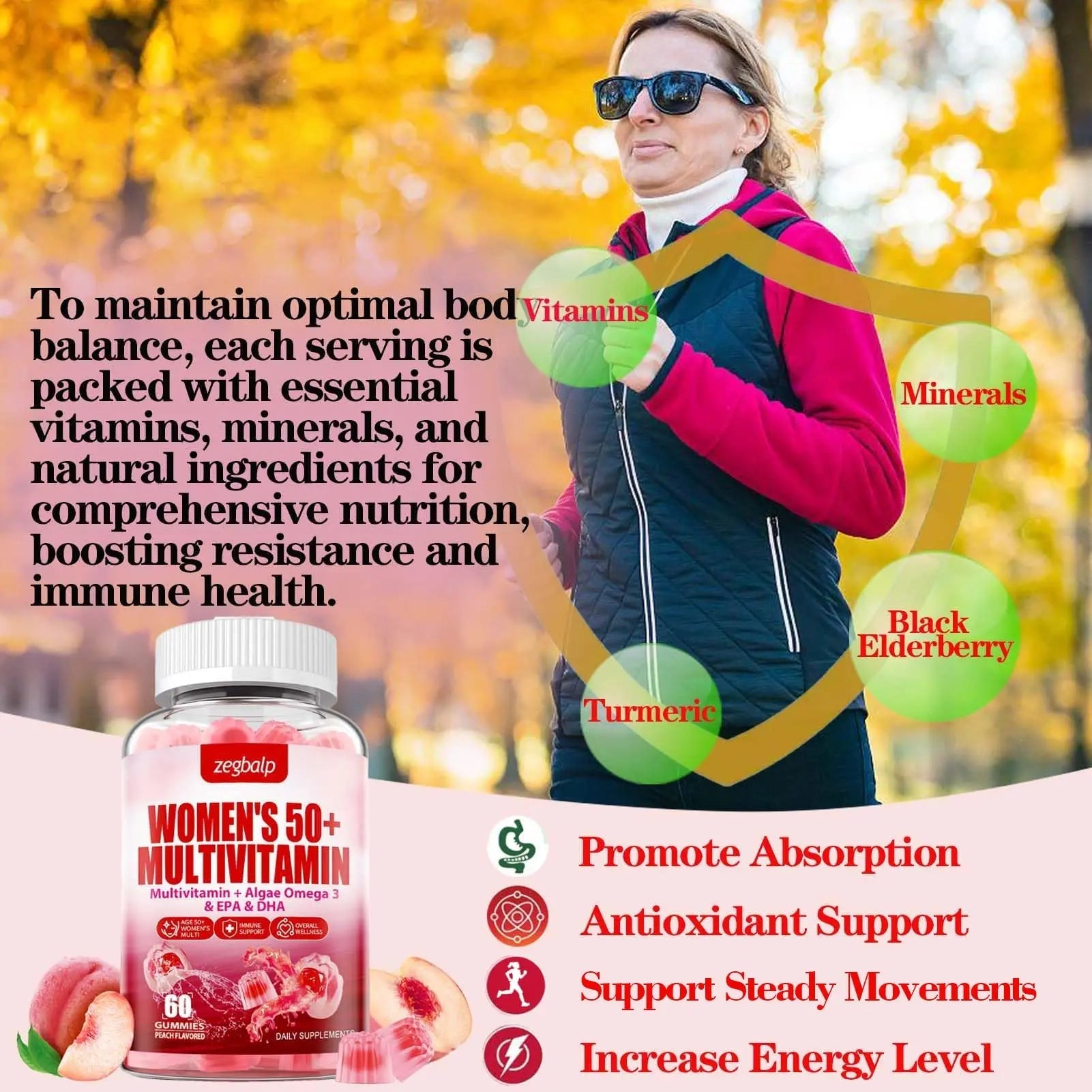ZEGBALP Sugar-Free Womens Multivitamin 50 Plus Gummies with Calcium, Magnesium, Zinc, Vitamin A, C, D3, E, K2, B Complex, Folate, Biotin ZEGBALP