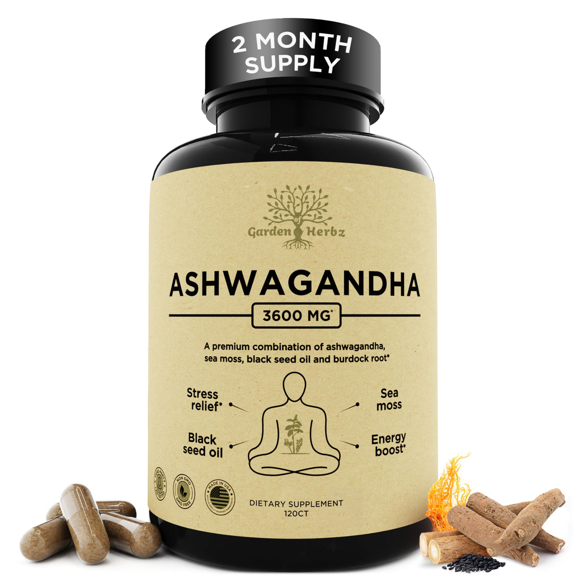 Garden of Herbz Organic Ashwagandha Root & Irish Sea Moss – 3,600 mg Ashwagandha Supplement with Black Seed Oil, & Burdock Root – Herbal Supplement for Energy, Calm, Mood, & Wellness, 120 Caps Garden of HerbzBuy Supplements Australia