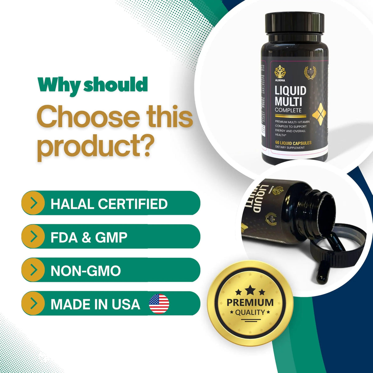 ALNIMA Halal Liquid Multivitamin Complete – Energy & Immune Support with 29 Essential Nutrients | 60 Liquid Capsules – Halal Certified ALNIMA