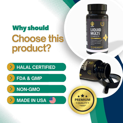 ALNIMA Halal Liquid Multivitamin Complete – Energy & Immune Support with 29 Essential Nutrients | 60 Liquid Capsules – Halal Certified ALNIMA