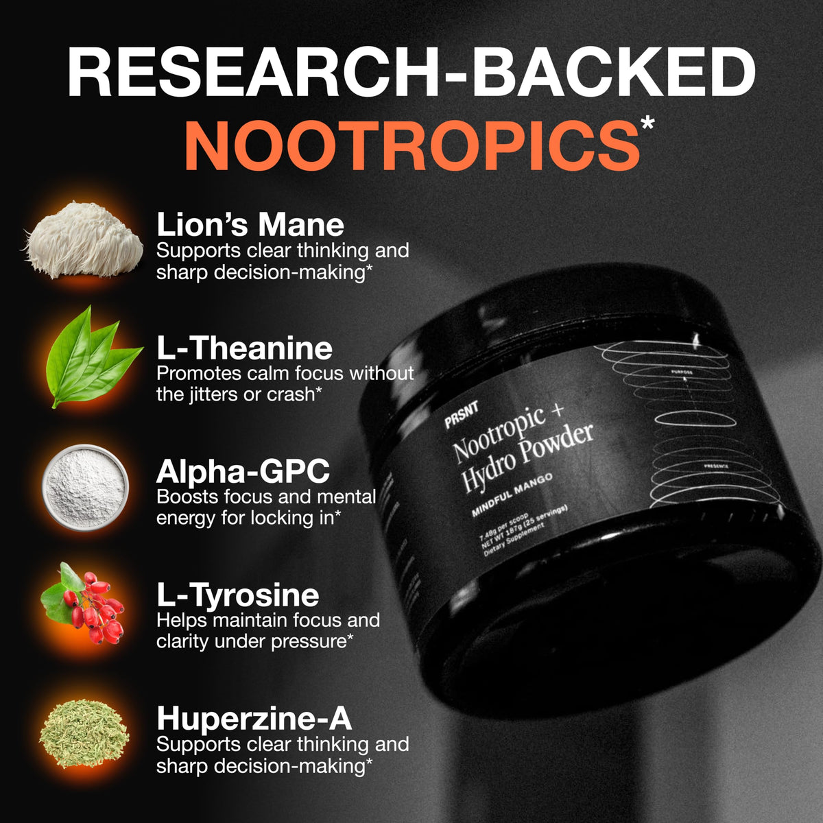 PRSNT Nootropic Focus Powder | Mango 25 Servings | Caffeine-Free, Sugar-Free | Supports Focus, Energy, Mental Clarity | Nootropic + Electrolytes Hydration Focus Drink Mix PRSNTBuy Supplements Australia