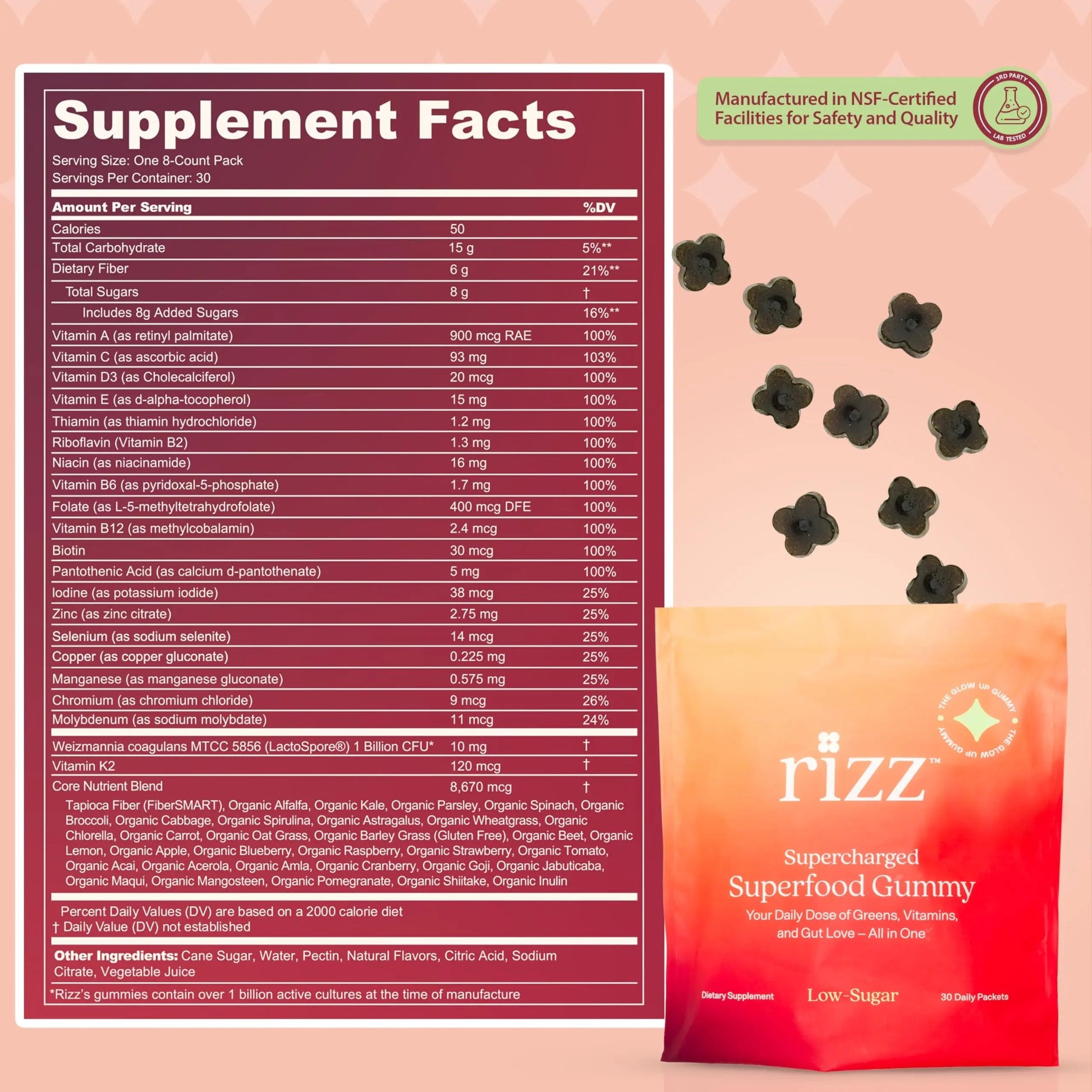 Rizz Low Sugar Green Gummies - 60+ Superfoods 6g Fiber - Prebiotic and Probiotic Gummies - Vegan Multivitamins for Women & Men RizzBuy Supplements Australia