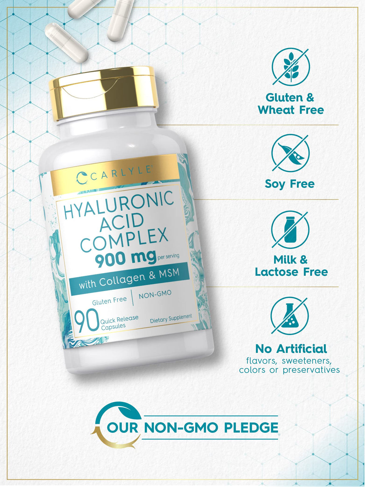 Carlyle Hyaluronic Acid Complex 900 mg | with Collagen and MSM | 90 Capsules | Non-GMO, Gluten Free Supplement Carlyle buy supplements Au