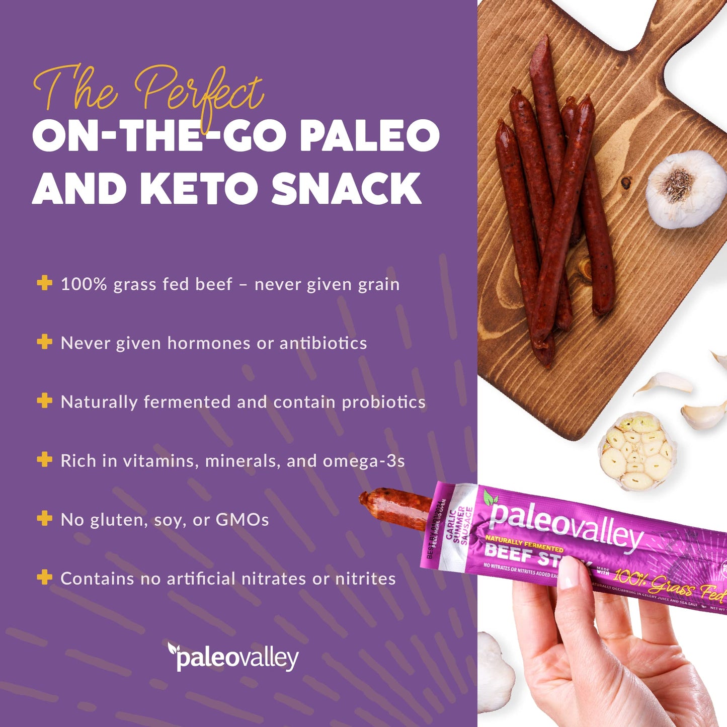 Paleovalley 100% Grass Fed Garlic Summer Sausage Beef Sticks - Delicious Gluten Free Beef Snack - High Protein Keto Friendly PaleovalleyBuy Supplements Australia