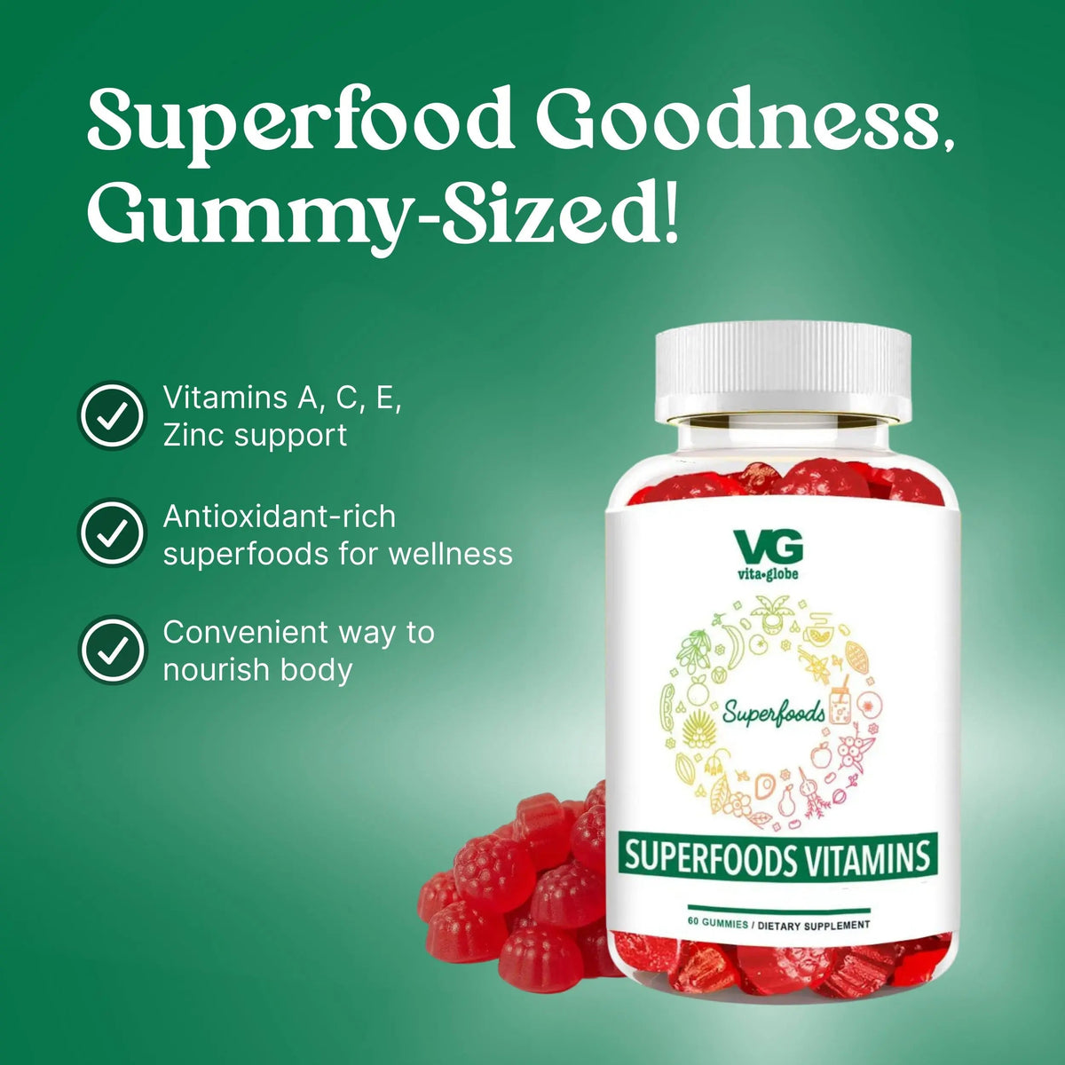 VITA GLOBE Superfood Gummy Vitamins – Immune Health & Antioxidant Support – Daily Wellness Gummies for Adults & Kids – Vegan VITA GLOBE